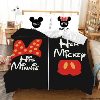Disney Mickey Mouse-Negru Roz Set De Lenjerie De Pat Cuplu Drăguț Confortabil Plapuma Capac Plapuma Fata De Perna Doi Copii Decor Dormitor