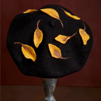 Cosplay Bereta Pălărie De Iarnă Handmade Lână, Pălării De Fetru Cadou Creativ Moda Purta Negru Artist Palarie Halloween Decor Din Frunze De Ginkgo