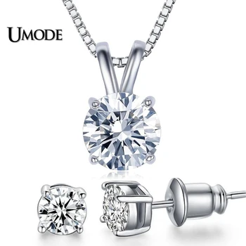 UMODE Clasic Permanent 2ct Solitaire Hearts andRound 8.0 mm Cubic zirconia AAA+ CZ Pandantiv Colier UN0047+UE0142