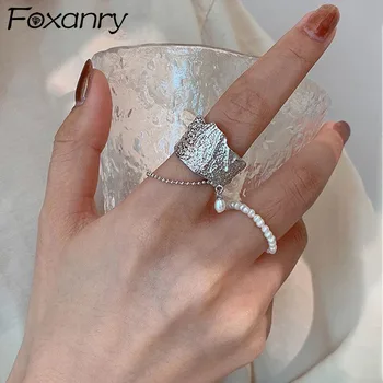 Foxanry Culoare Argintie Inele Late Vintage Lava Textura Dulce Pearl Ciucure Accesorii Tendință de Partid Bijuterii Cadouri pentru Femei