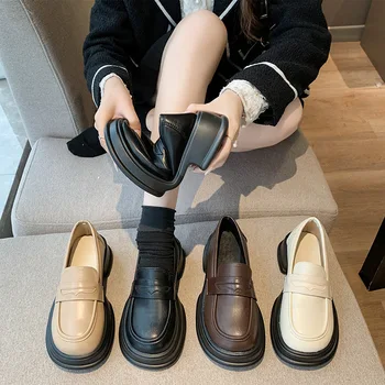 Negru de femei pantofi retro toamna pantofi din piele pentru femei 2022 nou pedala toe rotund fund gros sporind pantofi loafer