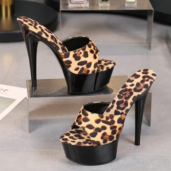Comemore Leopard Femeie Papuci de sex Feminin Sandale Platforma Club de noapte Sexy cu toc 15cm Pantofi de Vara Tocuri Platforma Fund Gros