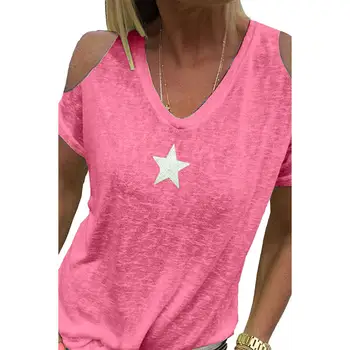 Femei T-Shirt Vara Rece Umar Star Print T-Shirt Vintage V-Neck Culoare Solidă Top Supradimensionat Tricou Femei de Îmbrăcăminte