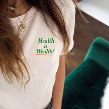 Sănătatea este Bogăția Buzunar Imprimare Femei Alb T-shirt cu Maneci Scurte Largi, din Bumbac Topuri Teuri Crewneck Casual de Vara Tricouri 2022