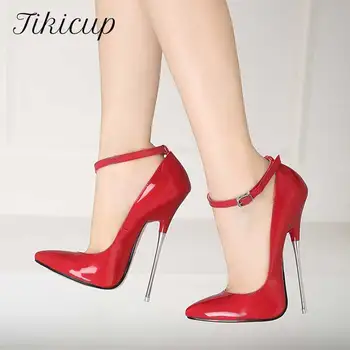 Tikicup de Brevet Roșu 16cm Ultra Înaltă Tocuri Metalice Femei Curea Glezna Stilet Pompe Subliniat Toe Wild Sexy Cross-Pantofi Rochie