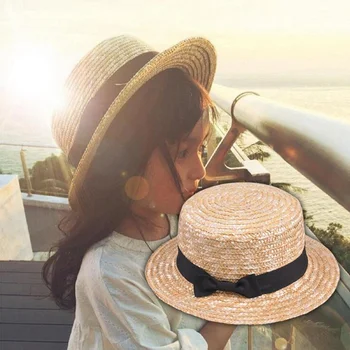 2018 Moda Drăguț Copil fete Vara Bowknot paie pălărie de Soare Băiat Boho Beach Flat Top Fedora pălărie pe Cap pălăria de fetru pentru copii pălărie Panama