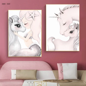 Nordic Arta de Perete Imagine Unicorn Roz și Frumos Printesa Fata de Panza Pictura Poster Fata Kawaii Cameră Decor Tablouri