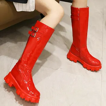 2021 femei cizme genunchi ridicat platforma toc pătrat doamnelor Gros cizme de brevete din piele PU rotund toe fermoar cizme red white blac