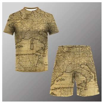 2022 Noi Bărbați 2 Bucata Medieval Harta Vara T-Shirt, pantaloni Scurți de Imprimare 3D Casual Barbati Costum de Moda Echipajul Gât Top Beach Sport