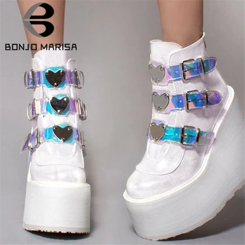 BONJOMARISA Dropshipping INS Fierbinte Brand Mare Platforma Glezna Cizme Femei 2020 Moda PVC Curea Decorarea Pene Mari Pantofi de Femeie