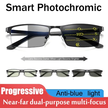 De Înaltă Calitate Fotocromatică Ochelari De Citit Bărbați Multifocală Progresivă Rășină Anti-Blue Ray Presbyopic Ochelari Cadru Metalic