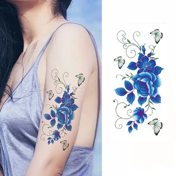Blue Rose flori artificiale braț, umăr flash tatuaj henna fals rezistent la apa tatuaje temporare autocolant femei pe corp