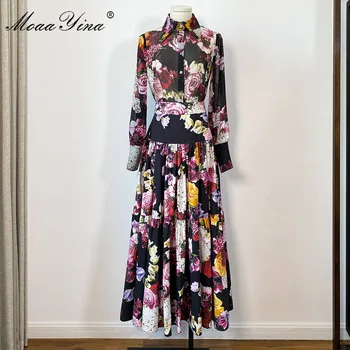 MoaaYina Designer de Toamna Iarna Vintage Fuste pentru Femei Costum de Mătase Florale Camasi cu maneca Lunga + de Înaltă wais Imprimare Fuste Set de Doua Bucati