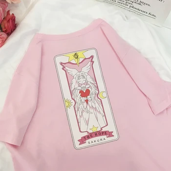 Clow Carte de Drăguț Roz Pierde T-Shirt Card Captor Sakura Anime Vara din Bumbac Tricou Casual Moda Dulce Scurt Maneca TEE Topuri