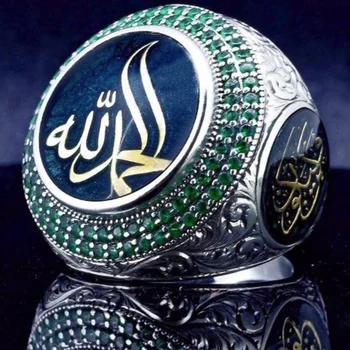 Noua Modă Boem Verde de Cristal Încrustat Inel Inel Barbati Musulmani Rune Norocos Piatră, Metal Placat cu Argint Inel Accesorii Bijuterii