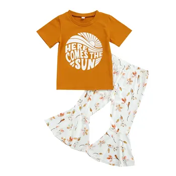 2021-04-08 Lioraitiin 2-6 ani Copilul mic Copil Fata de T-shirt și Pantaloni Costum Scrisoare Scurtă cu mâneci Topuri de Flori Trompeta Pantaloni Lungi