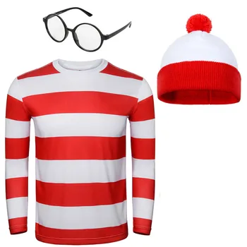 Wally Cosplay Costum pentru Adulți Waldo Roșu Alb cu Dungi Tricou Ochelari, Pălărie, Costum Set de Crăciun Cosplay Costum de Crăciun Cadouri