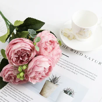 Nunta Decor Acasă Mătase Bujor Flori Artificiale Faux 5 Capete Mari și 4 Bud Ieftine 30cm Trandafir Roz Fals Grădină de Flori Decor