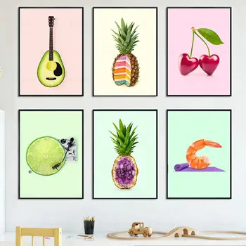 Fructe amuzant Poster Avocado Chitara Lamaie DJ Tort de Ananas Yoga Creveți Panza Pictura pe Perete Poze Bucatarie Camera pentru Copii Decor Acasă