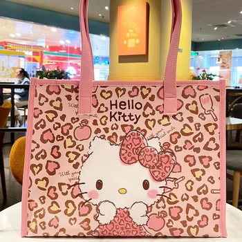 Kawaii Hello Kitty Genți De Mână, Saci De Umăr Roz Leopard De Imprimare Pu Geantă De Mână Single-Geanta De Umar Capacitate Mare De Navetiști Fete Femei