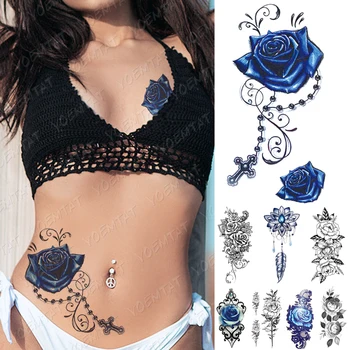 Impermeabil Tatuaj Temporar Autocolant Albastru Trandafir Flori De Bujor Flash Tatuaje Cruce Rozariul Body Art Brațul Fals Maneci Tatuaj Femei Bărbați
