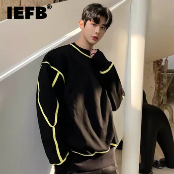 IEFB Chic Trendy Linie de Culoare de Contrast Tricou Masculin Stil coreean Liber Gât Rotund Maneca Lunga, Haine de Moda 2023 Noi 9A6400