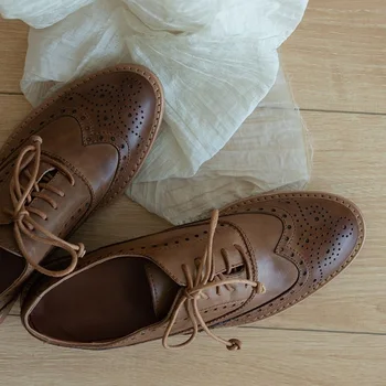 Vintage Oxfords Plat Pantofi Femei Piele De Vacă Doamna Apartamente Retro Cu Toc Mic Stil Britanic Calitate Oxfords Dantela-Up Pantofi Brogue Pentru Femei