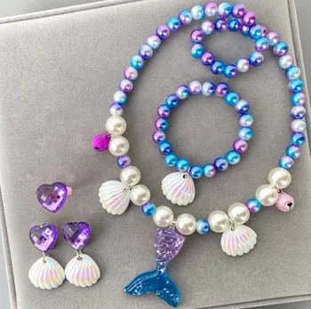 Vara 1set Moda Copii Fete Copilul de Perle Acrilice Forma Coajă Colier Bratara Inel Știfturi de Ureche Clipuri Set de Bijuterii Cadou de Vânzare
