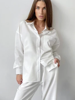 Hiloc Sifon Alb Sleepwear Buzunar Rever Pijamale Pentru Femei Seturi Maneca Lunga Single-Breasted Femei Haine de Iarnă Vrac se Potrivi
