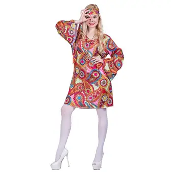 2019 Flori Imprimate Cu Maneci Lungi Rochii Boho Dress Hippie Cu Bandana Adult Halloween Cosplay Plus Dimensiune Costume De Halloween