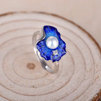925 de Argint Sterlină Femei Drăguț Deget Inel cu Perla Naturala de Șirag de mărgele de Simplu de Partid, Bijuterii Inel de Fată Femei Albastru Email Bijuterii