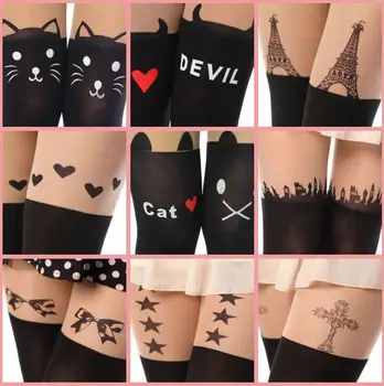 Fete de moda femei chilot femei dresuri cat de imprimare de desene animate pisica formă pură dresuri de moda de lux ciorapi chilot negru pentru femei