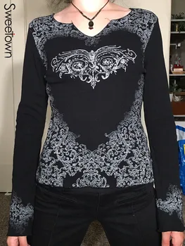 Sweetown Grunge Gradient Print Cu Maneci Lungi Negru T-Shirt Femei Goth Haine De Toamna V Neck Slim Cu Nervuri De Bază Casual Transpirații Topuri