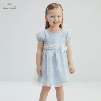 DB17423 dave bella vară fată copil drăguț arc broderie rochie copii de moda rochie de petrecere copii sugari lolita haine
