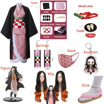 Anime Demon Slayer Kimetsu nu Yaiba Kamado Nezuko Costum Cosplay Cercei Figura Masca Breloc Pantofi Peruca Dinte Adult Copiii Femeie