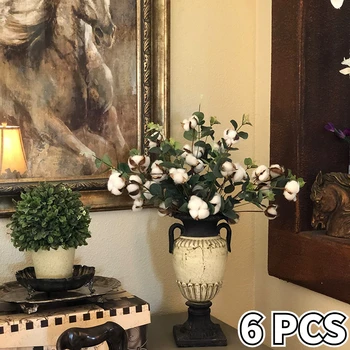 6pcs 53cm Artificiale Uscate de Bumbac, Flori Albe, Floare de Bumbac Ramuri cu Frunze de Eucalipt pentru Petrecerea de Nunta Decor Acasă