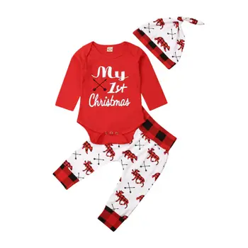 Lioraitiin Noua Moda 3pcs Copii Baby Girl Boy Primul Meu Crăciun Romper Red Top Pantaloni Lungi Pălărie Costume Xmas Set