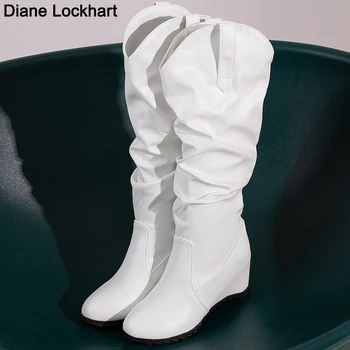 Iarna Femeie falduri Platforma Wedge Boots Alb Negru 8 cm Toc Cizme de Toamna Lady Genunchi Ridicat Cizme Femei pantofi Botas De Mujer