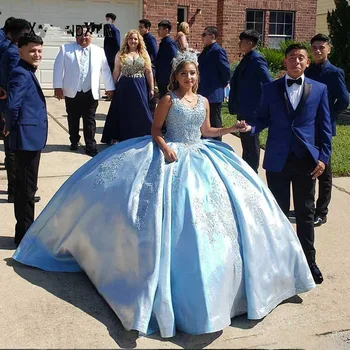 Elegant rochie quinceanera fără Mâneci dulce 16 rochii albastru rochie de bal fata concursul Rochie de dantela cu margele Adult Bal Rochie de petrecere