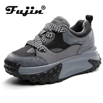 Fujin 6cm Vacă din Piele Indesata Adidas Iarna, Toamna Platforma Wedge Sneakers Femei Pluș Cald Toc Ascunse BreathableShoes