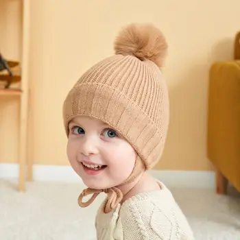2022 Noi Lână Copil Pălărie Tricotate de Culoare Solidă Pom Pom Tricot Capac Iarnă Caldă pentru Copii Pălărie de Protecție pentru Urechi Copii Drăguț Tricot Capota 0-3T