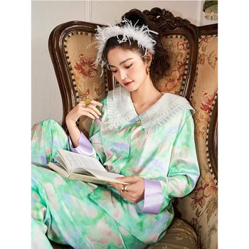 Peter Pan Guler Femei Pijama Set 2 Piese Set Cu Pantaloni De Primăvară Tie Dye Print Satin Sleepwear Supradimensionat Homewear Pentru Femei