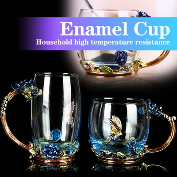 Creative Blue Rose Email Crystal Ceașcă De Ceai Cana De Cafea Fluture Floare Cesti De Apa Din Sticlă Transparentă De Calde Băuturi Reci Cu Lingura Set