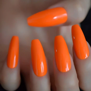 Fierbinte Neon Orange Lung Cuie de Coșciug Lucios Uimitor poloneză gel de Acoperire Extra Lungi Balerina Unghii False 24 Ct
