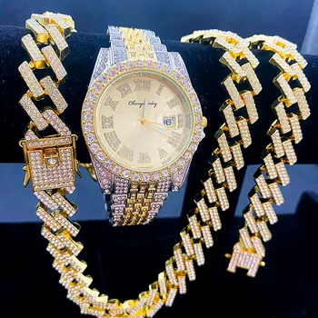 3PCS Iced Out Ceasuri pentru Barbati cu Diamante Ceas de Aur 15mm Cubanez Link-ul de Lanțuri Bratara + Coliere Bijuterii-i văd pe Oameni Religia Masculino