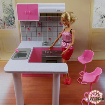 Cele mai noi Pentru Barbie Mobilier in Miniatura Combo Bucătărie joaca set Papusa Casa de vis diy jucărie