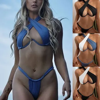 Două piese Bikini Sexy Costume de baie Femei 2022 Noi Ștreangul de Gât Solide de Vara costume de Baie Topită Push-Up Micro Curea Talie Mare Plajă de Înot