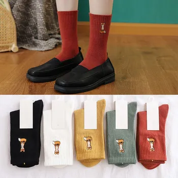 Nouă Femei Șosete Animale Desene animate Vulpea Broderie Drăguț Ciorap de Femeie Solidă Bumbac Harajuku Streetwear Ciorap de Craciun