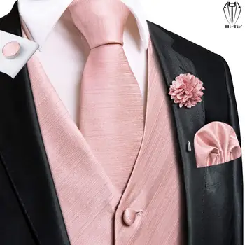 Hi-Cravată de Mătase de Înaltă Calitate Mens Vesta Roz Solid Jacquard Vestă, Cravată Batista Butoni Brosa Set pentru Barbati Costum de Nunta Birou 3XL