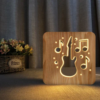 Muzica de chitara Note Corn LED 3D din Lemn, Lumina de Noapte Gol Lampă de Masă de Alimentare USB Birou Lumini pentru copii Pentru Copii Decor Cadou de Anul Nou